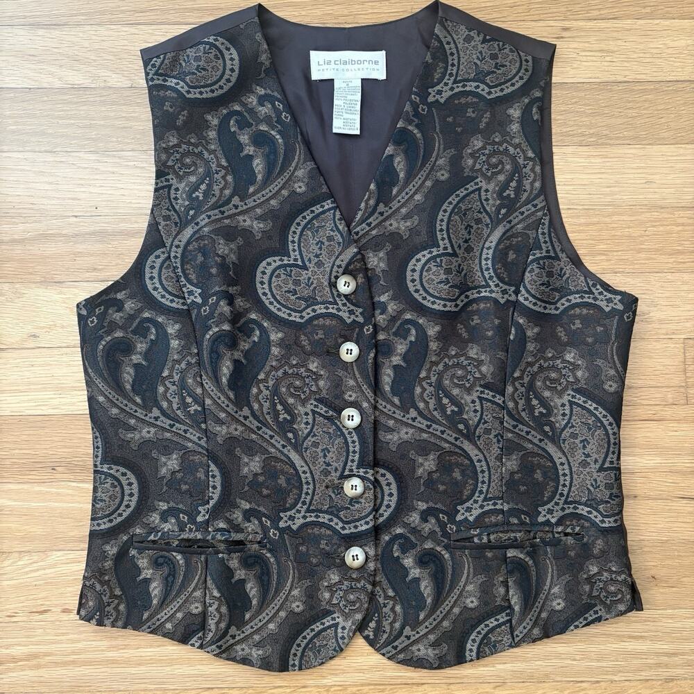 Liz Claiborne Vintage Paisley Vest Petite 8 Boho Dark Academia Tapestry Tailored